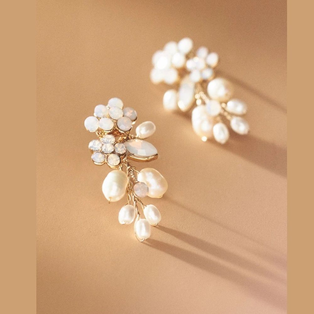 Anthropologie Twigs & Honey Freshwater Pearl and Crystal Cluster Earrings